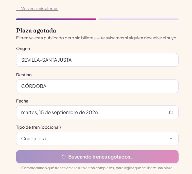 Formulario de Trenify para crear una alerta de plaza agotada, con origen, destino, fecha y tipo de tren