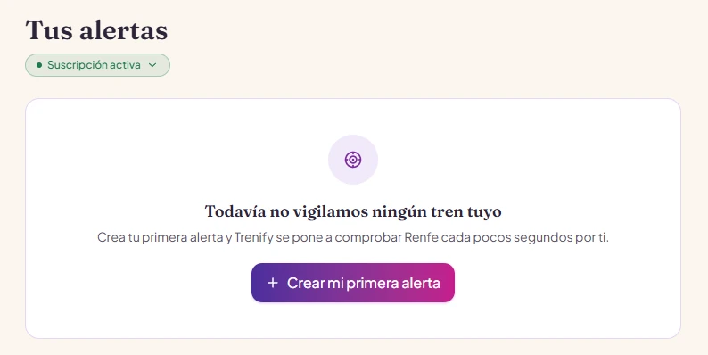 Panel de alertas de Trenify en app.trenify.es, con el botón para crear la primera alerta